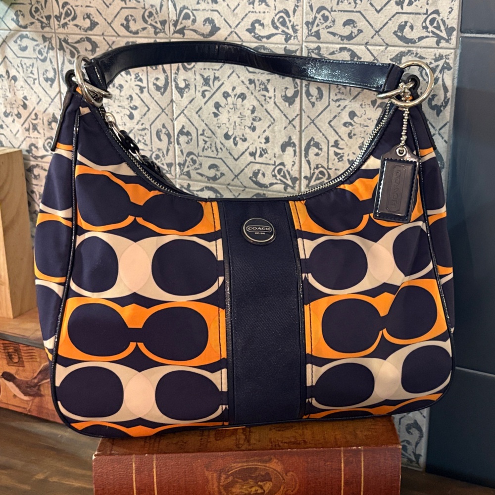 Coach Navy and Orange Geometric Shoulder Bag